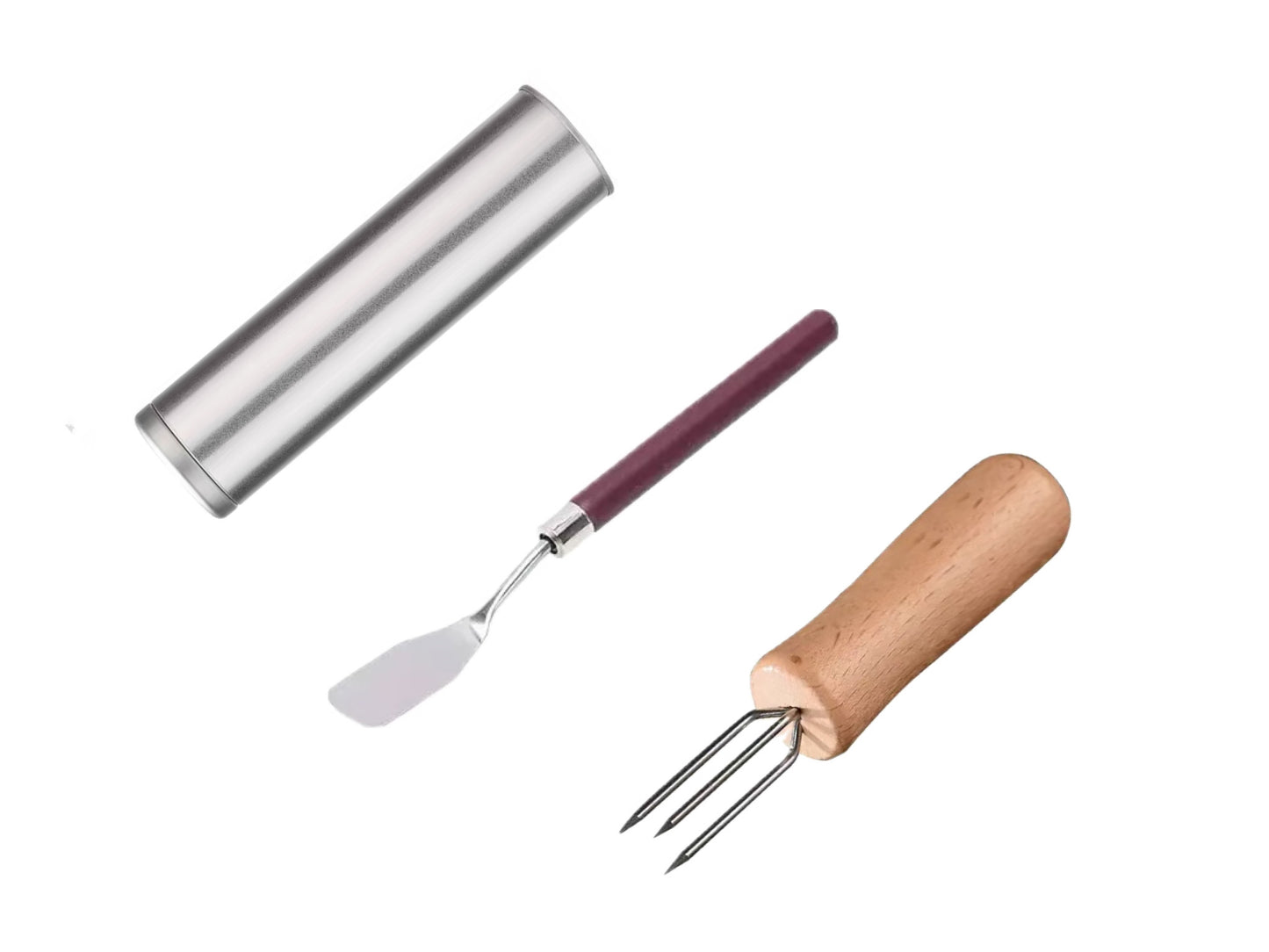 Ensemble de trois pièces : fourchette à moxibustion, grattoir et boite extincteur