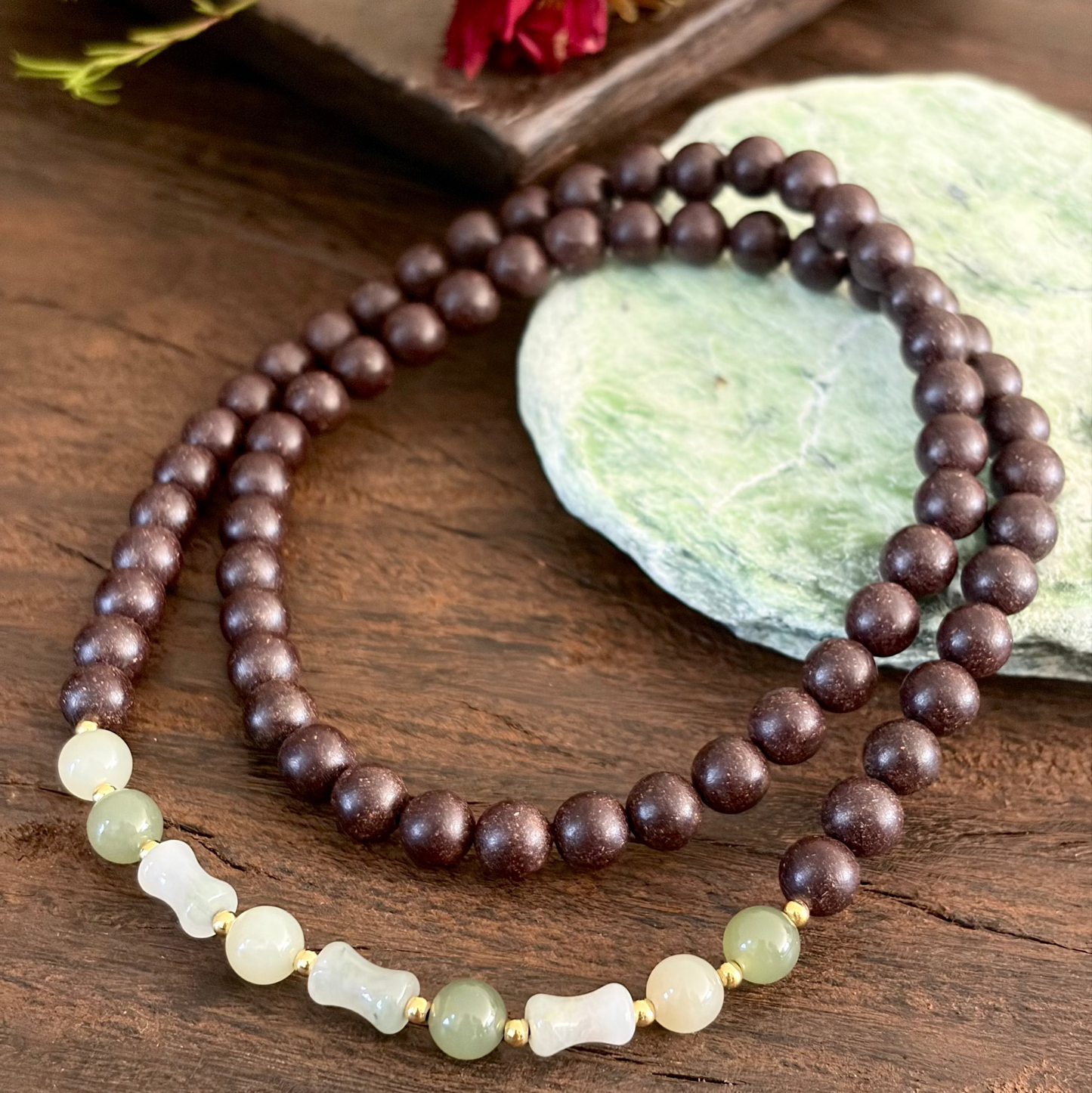 Collier & bracelet 3 ou 4 tours aux Herbes Médicinales « Souffle Pourpre » 紫气东来